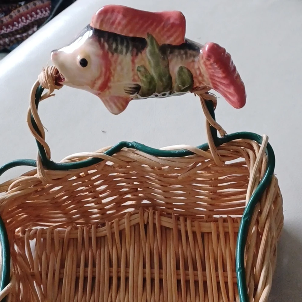 Chip and Dip Wicker Basket w/ ceramic Fish Handles, 17” long